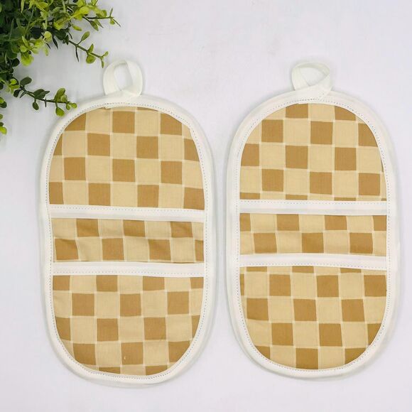 Set of 2 Finger Hotpad Potholders, Neutral Checker Print Tan, 2 Piece Set - Picture 1 of 5